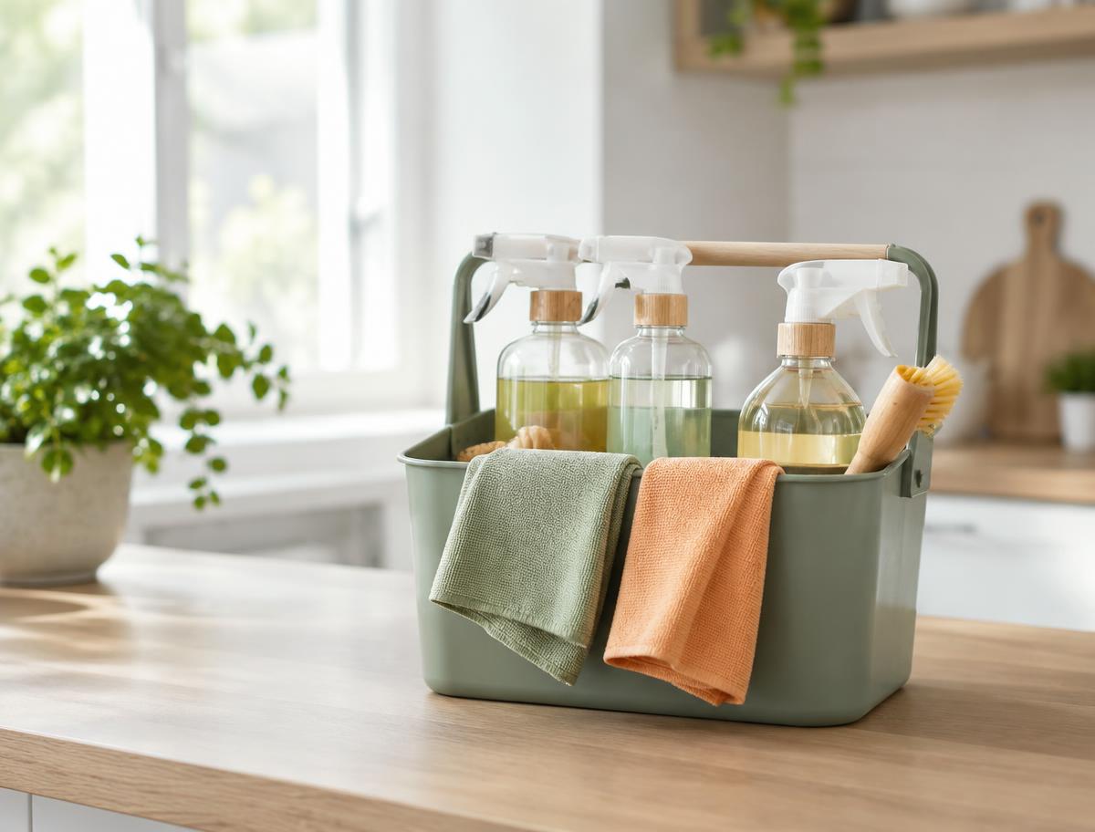 Cleaning caddy with spray bottles and sage and orange microfiber cloths on a kitchen counter