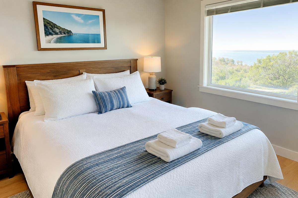 Guest bedroom with crisp white bedding and folded towels