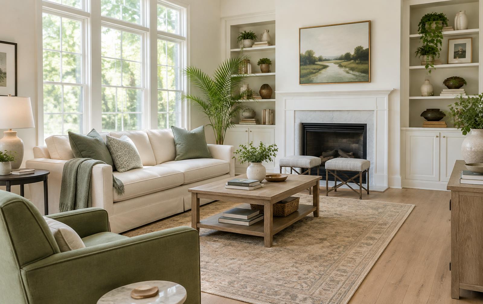 Bright, spotless living room with natural light and sage green accents