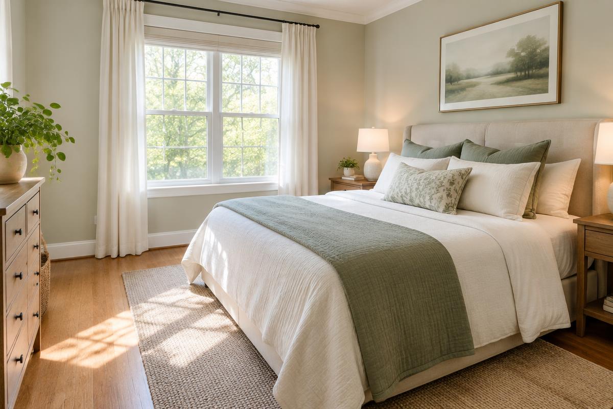 Tidy bedroom with a neatly made bed and soft morning light